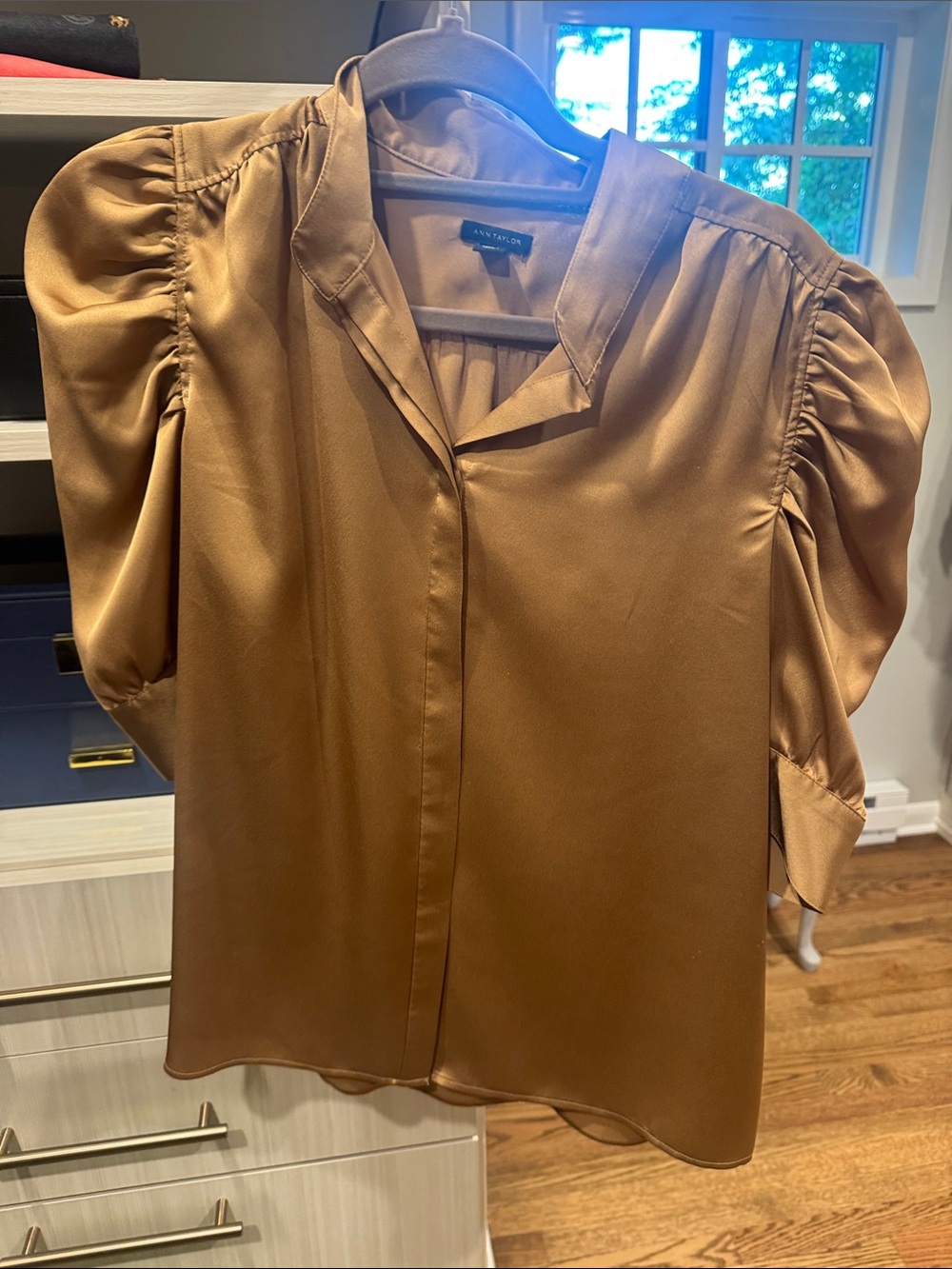 Ann Taylor  Silk-Look Puff Sleeve Blouse in Caramel